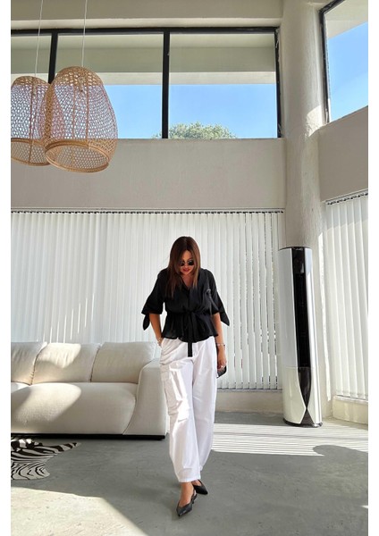 Beyaz Zımba Kemerli Kargo Pantolon fiyatları