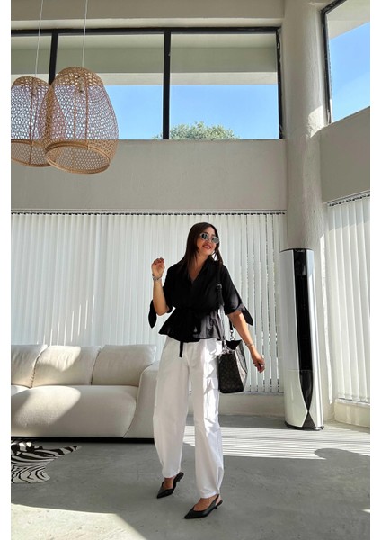 Beyaz Zımba Kemerli Kargo Pantolon modelleri