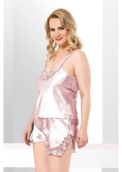 Aria's Closet Büyük Beden Somon Saten Babydoll Şort Takımı