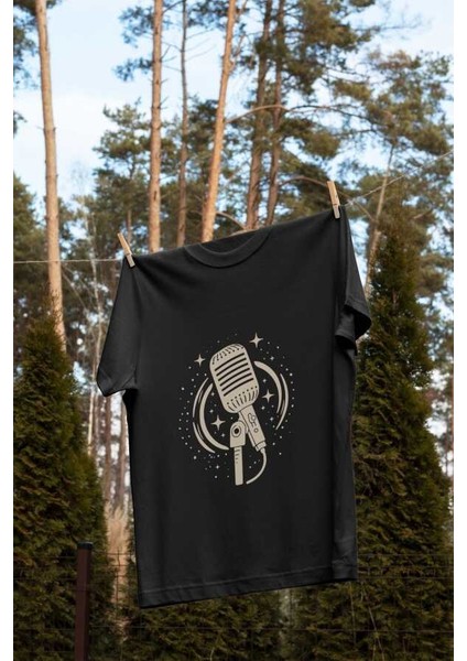 Mikrofon ve Yıldız Tasarım Baskılı Oversize Unisex Siyah T-Shirt