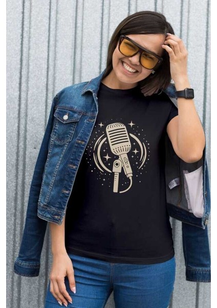 Mikrofon ve Yıldız Tasarım Baskılı Oversize Unisex Siyah T-Shirt
