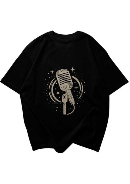 Mikrofon ve Yıldız Tasarım Baskılı Oversize Unisex Siyah T-Shirt