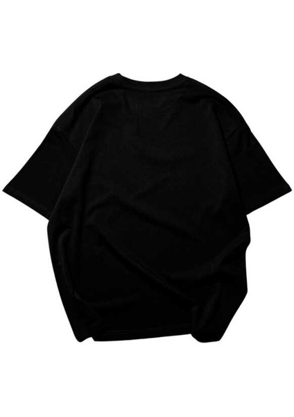 Mikrofon ve Yıldız Tasarım Baskılı Oversize Unisex Siyah T-Shirt