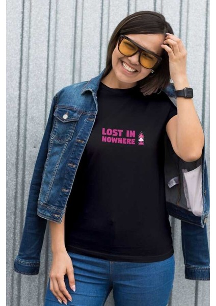 Lost In Nowhere Yazılı Yukarı Ok Tasarım Baskılı Oversize Unisex Siyah T-Shirt modelleri