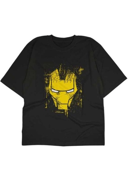 Iron Man Tasarım Baskılı Oversize Unisex Siyah T-Shirt modelleri