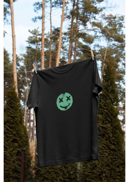 Smile Tasarım Baskılı Oversize Unisex Siyah T-Shirt