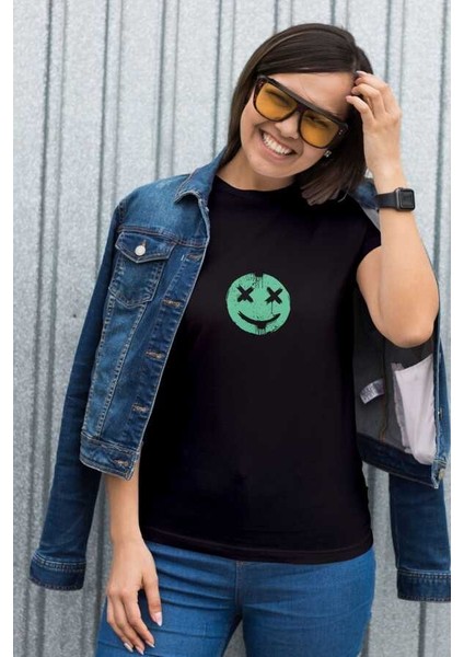 Smile Tasarım Baskılı Oversize Unisex Siyah T-Shirt modelleri