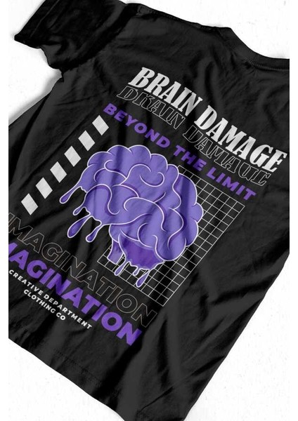 Brain Damage Yazılı Beyin Tasarım Baskılı Oversize Unisex Siyah T-Shirt