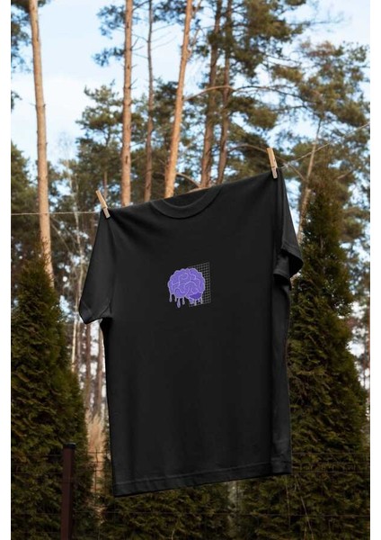 Brain Damage Yazılı Beyin Tasarım Baskılı Oversize Unisex Siyah T-Shirt fiyatları