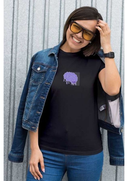 Brain Damage Yazılı Beyin Tasarım Baskılı Oversize Unisex Siyah T-Shirt modelleri