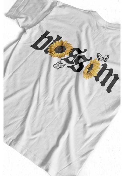 Ay Çiçeği Tasarım Baskılı Oversize Unisex Beyaz T-Shirt