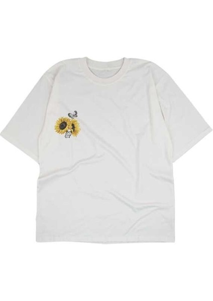 Ay Çiçeği Tasarım Baskılı Oversize Unisex Beyaz T-Shirt modelleri