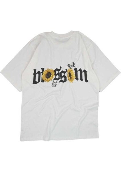 Ay Çiçeği Tasarım Baskılı Oversize Unisex Beyaz T-Shirt fırsatları