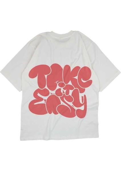 Take It Easy Yazılı Tasarım Baskılı Oversize Unisex Siyah T-Shirt