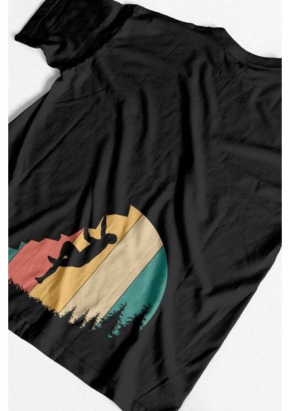 Retro Tırmanışı Tasarım Baskılı Oversize Unisex Siyah T-Shirt