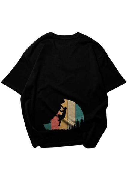 Retro Tırmanışı Tasarım Baskılı Oversize Unisex Siyah T-Shirt fırsatları