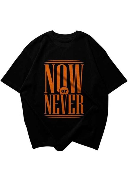 Now Or Newer Tasarım Baskılı Oversize Unisex Siyah T-Shirt modelleri
