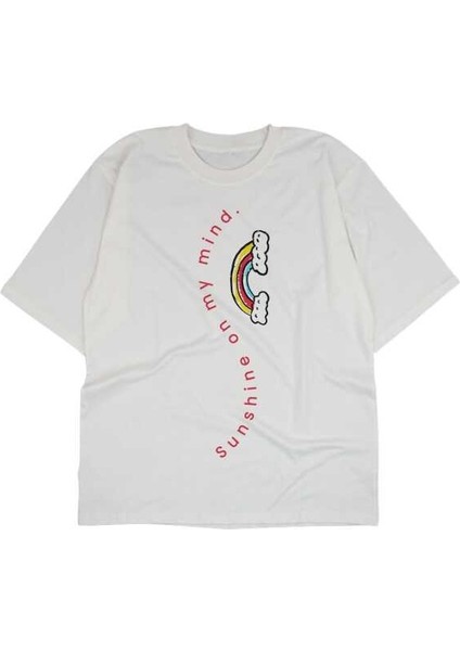 Sunshine On My Mind Yazılı Gökkuşağı Tasarım Baskılı Oversize Unisex Beyaz T-Shirt modelleri