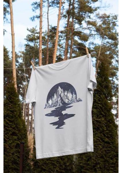 Sihirli Dağ Tasarım Baskılı Oversize Unisex Siyah T-Shirt