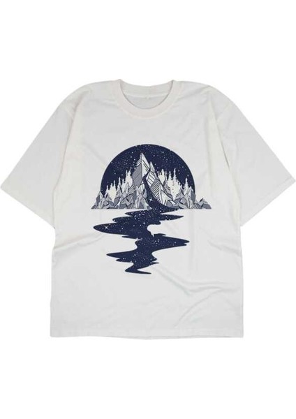 Sihirli Dağ Tasarım Baskılı Oversize Unisex Siyah T-Shirt modelleri