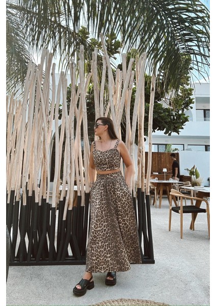 Leopar Desenli Crop Etek Takım