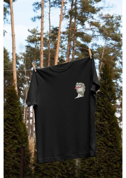 Never Mind Yazılı Heykel Kafa Tasarım Baskılı Oversize Unisex Siyah T-Shirt