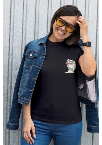Never Mind Yazılı Heykel Kafa Tasarım Baskılı Oversize Unisex Siyah T-Shirt fiyatları