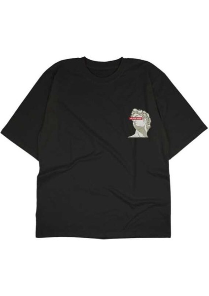 Never Mind Yazılı Heykel Kafa Tasarım Baskılı Oversize Unisex Siyah T-Shirt modelleri