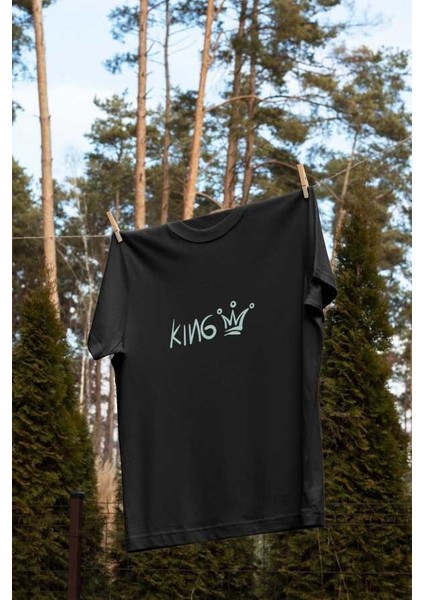 King Yazılı Taç Tasarım Baskılı Oversize Unisex Siyah T-Shirt