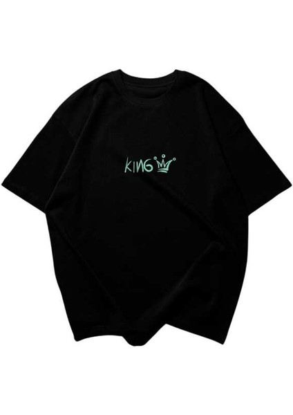 King Yazılı Taç Tasarım Baskılı Oversize Unisex Siyah T-Shirt modelleri