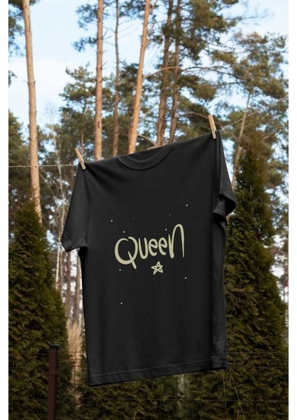 Queen Yazılı Yıldız Tasarım Baskılı Oversize Unisex Siyah T-Shirt