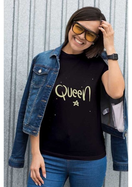 Queen Yazılı Yıldız Tasarım Baskılı Oversize Unisex Siyah T-Shirt fiyatları