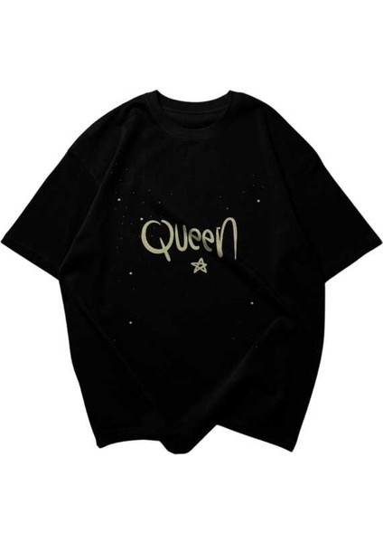 Queen Yazılı Yıldız Tasarım Baskılı Oversize Unisex Siyah T-Shirt fırsatları