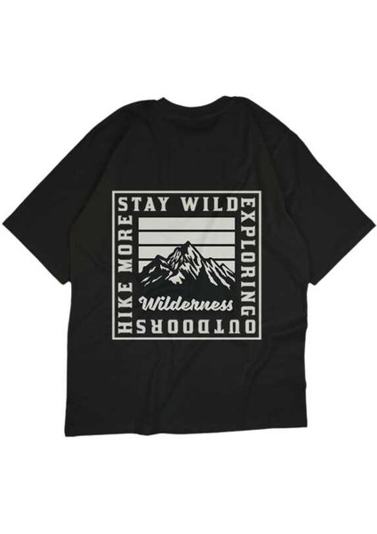 Wilderness Yazılı Sıra Dağlar Tasarım Baskılı Oversize Unisex Siyah T-Shirt fırsatları