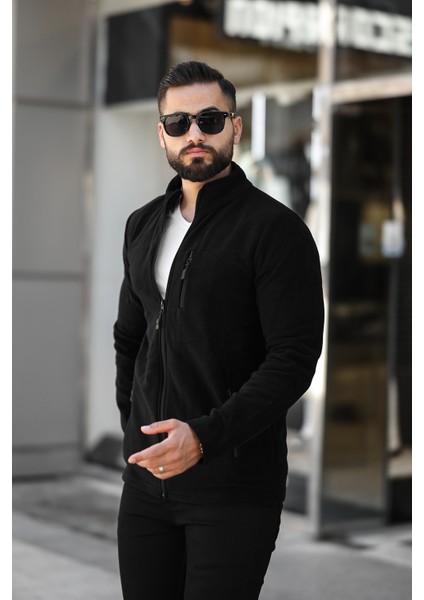 Butik Siyah Polar Standart Tam Fermuarlı 3 Cepli Polar Hırka