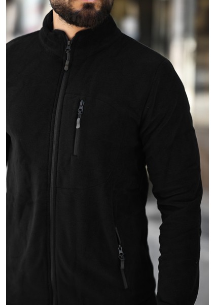 Butik Siyah Polar Standart Tam Fermuarlı 3 Cepli Polar Hırka