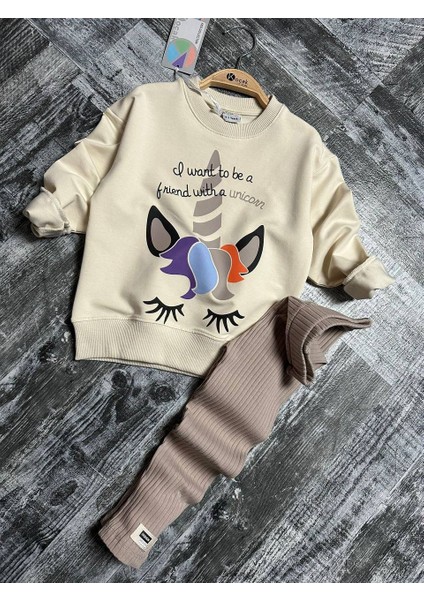 Uncrn Baskı Kız Çocuk 2 li takım - Bej