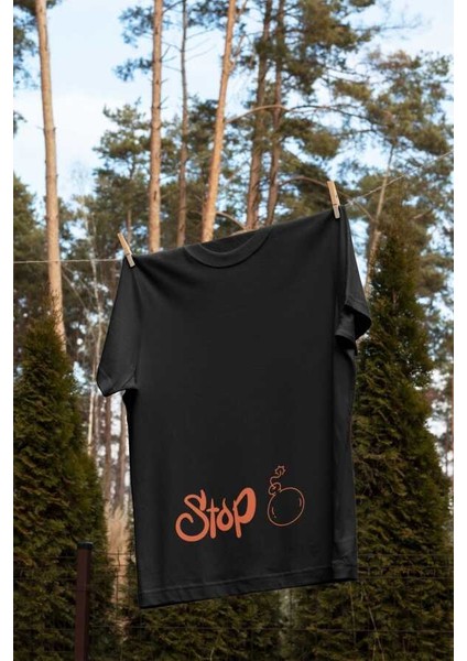 Stop Yazılı Bomba Tasarım Baskılı Oversize Unisex Siyah T-Shirt