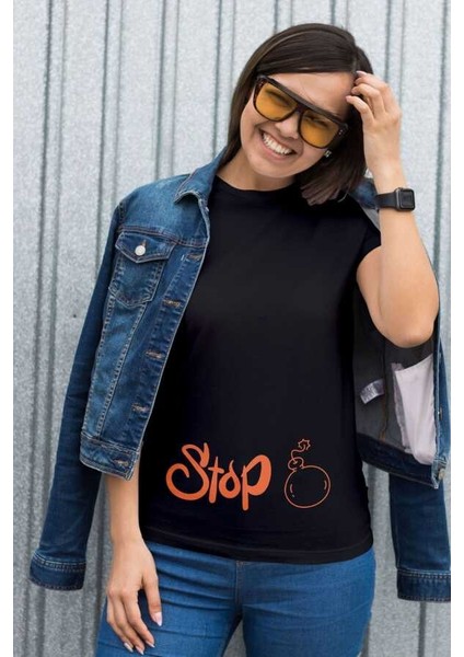 Stop Yazılı Bomba Tasarım Baskılı Oversize Unisex Siyah T-Shirt fiyatları