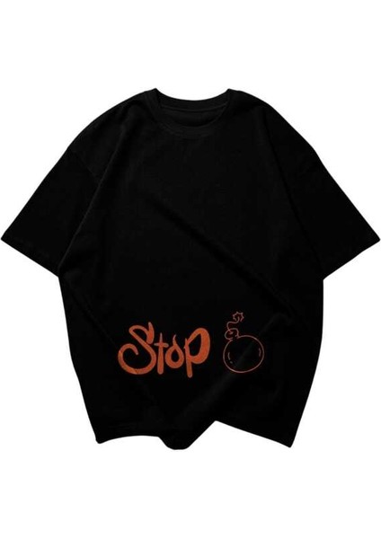 Stop Yazılı Bomba Tasarım Baskılı Oversize Unisex Siyah T-Shirt modelleri