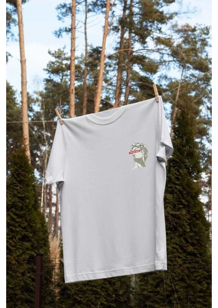 Never Mind Yazılı Heykel Kafa Tasarım Baskılı Oversize Unisex Beyaz T-Shirt