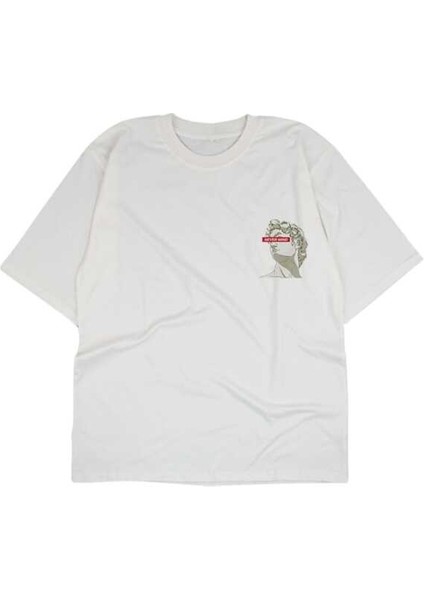 Never Mind Yazılı Heykel Kafa Tasarım Baskılı Oversize Unisex Beyaz T-Shirt modelleri
