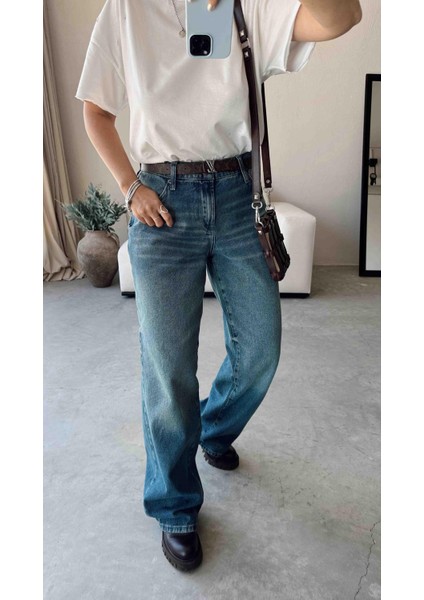 Mavi Taşlanmış 8404 Wide Leg Jean