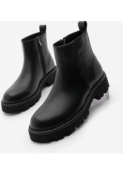 Kadın Fermuarlı Kalın Taban Günlük Bot Terase Siyah