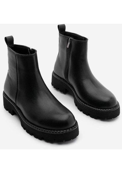 Kadın Fermuarlı Kalın Taban Günlük Bot Terase Siyah