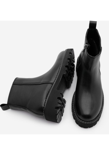 Kadın Fermuarlı Kalın Taban Günlük Bot Terase Siyah