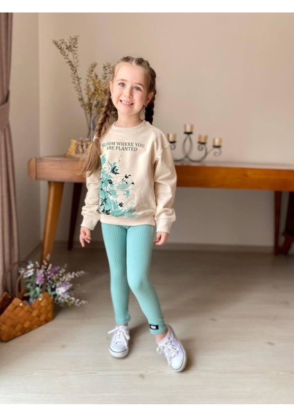 Bloom Çiçek Desenli Garnili Kız Çocuk 2 li takım - Yeşil