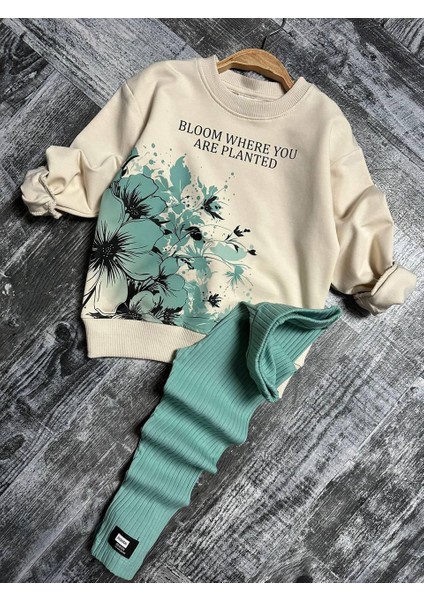 Bloom Çiçek Desenli Garnili Kız Çocuk 2 li takım - Yeşil modelleri