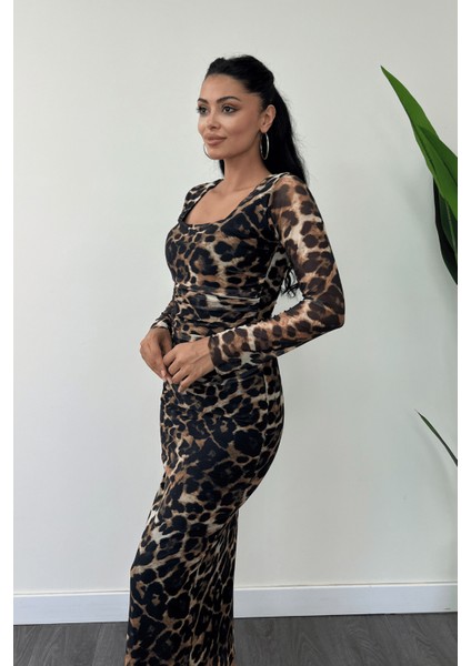 Tül Kumaş Büzgü Detaylı Kalem Elbise - Leopar modelleri