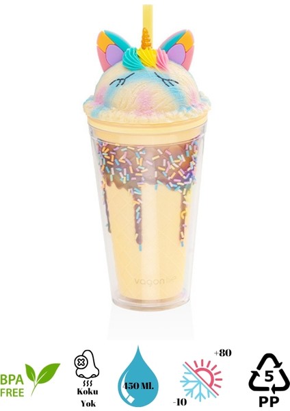 Çift Duvarlı Tumbler Pipetli Ice Cream Unicorn Pipetli Milkshake Bardağı 450 ml fiyatları